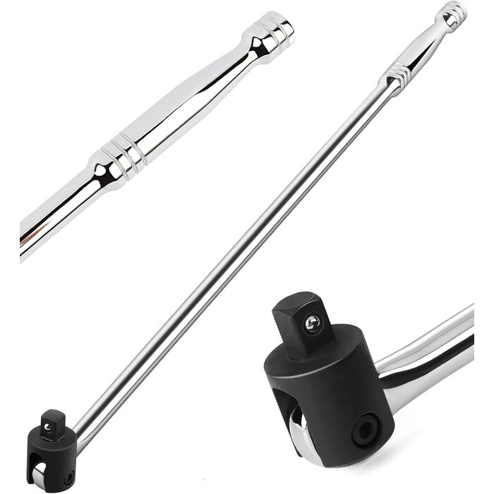 Autojack 750 mm 1/2" vierkante aandrijving wringstaaf met flexibele knokkel, zwaar uitgevoerd chroom-vanadiumstaal, zilverkleurig