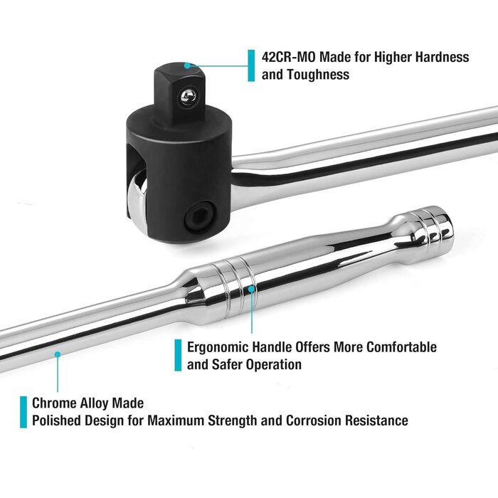 Autojack 750mm 1/2" Square Drive Breaker Bar with Flexi Knuckle Heavy-Duty Chrome Vanadium Steel Silver