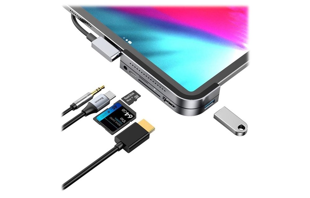 BASEUS: 6 in 1 Hub Multifunctionele Type-C naar 4K HD/ USB 3.0/ SD/Micro SD/ USB C PD/ 3.5mm Audio Jack voor iPad Pro / Air