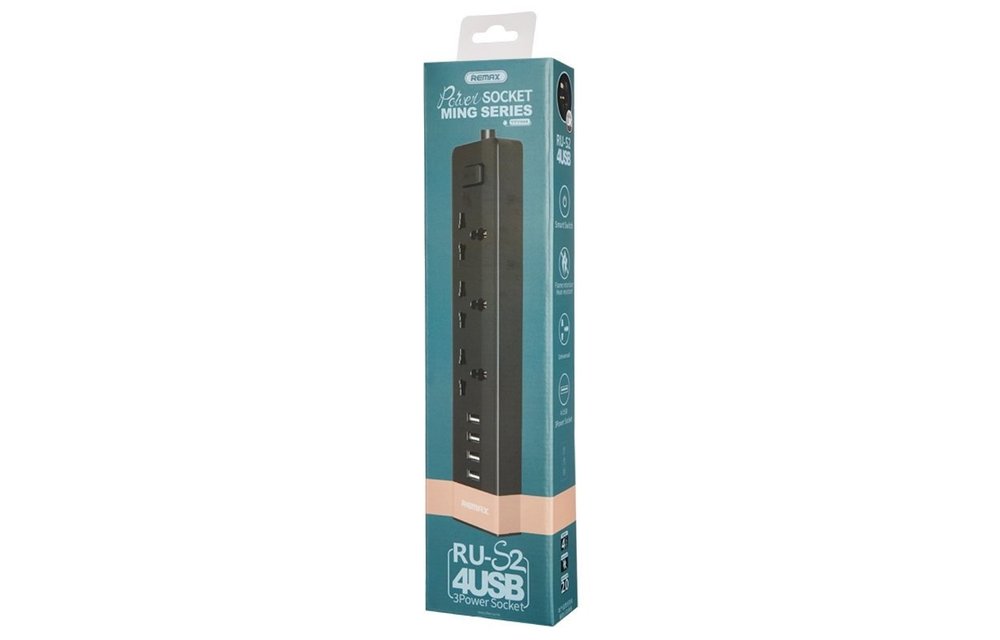 REMAX: Stekkerdoos 4x USB Poort en 3x stopcontacten (RU-S2) - Zwart