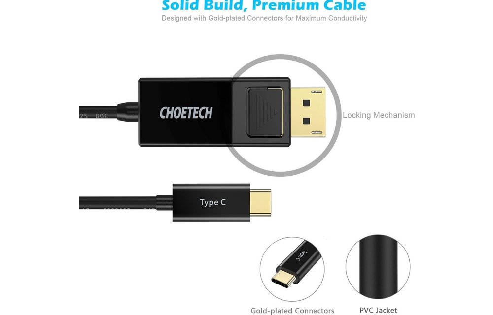 CHOETECH: USB-C naar DisplayPort - 4Kx2K @60Hz - Thunderbolt 3 - DP Alt Mode - 1.8M