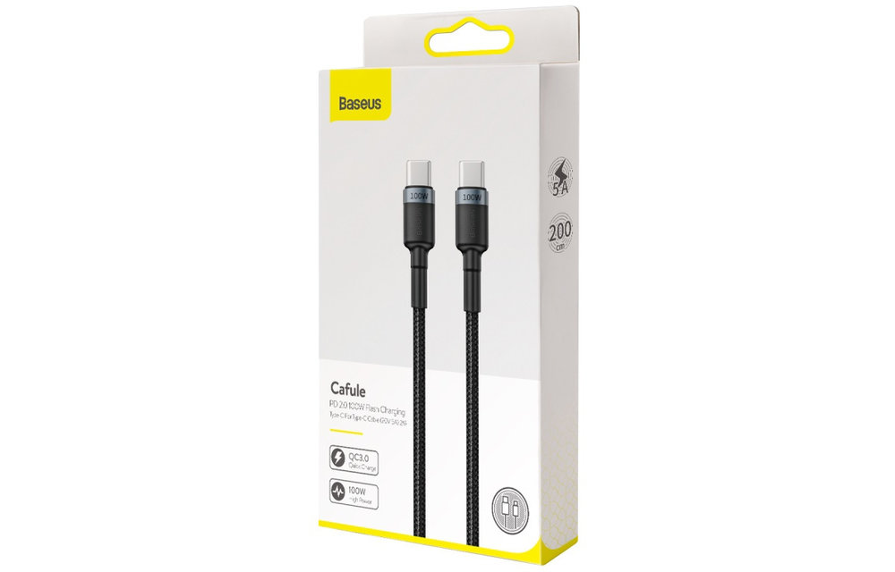 BASEUS: Cafule USB-C Kabel naar USB-C 2 meter (gewoven - velcro bandje) - Zwart/Grijs