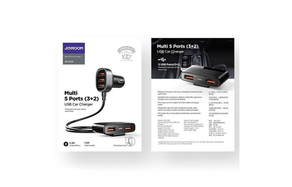 JOYROOM: Autolader met 5 USB poorten (3.0 Quick Charge) - Zwart