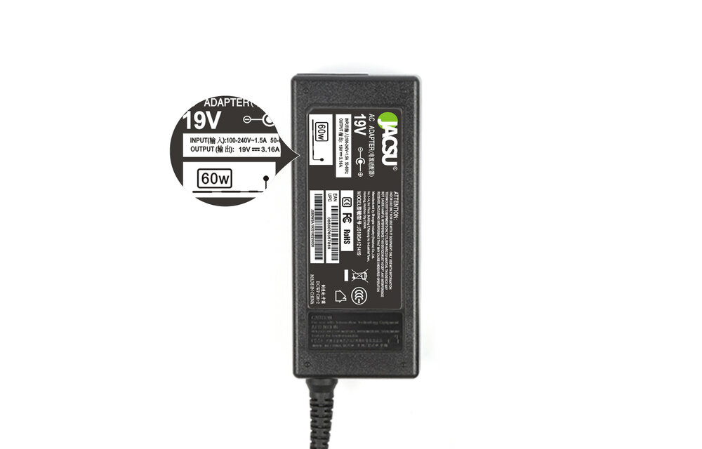 JACSU laptop adapter 19V 3.16A (5.5X3.0) voor Samsung