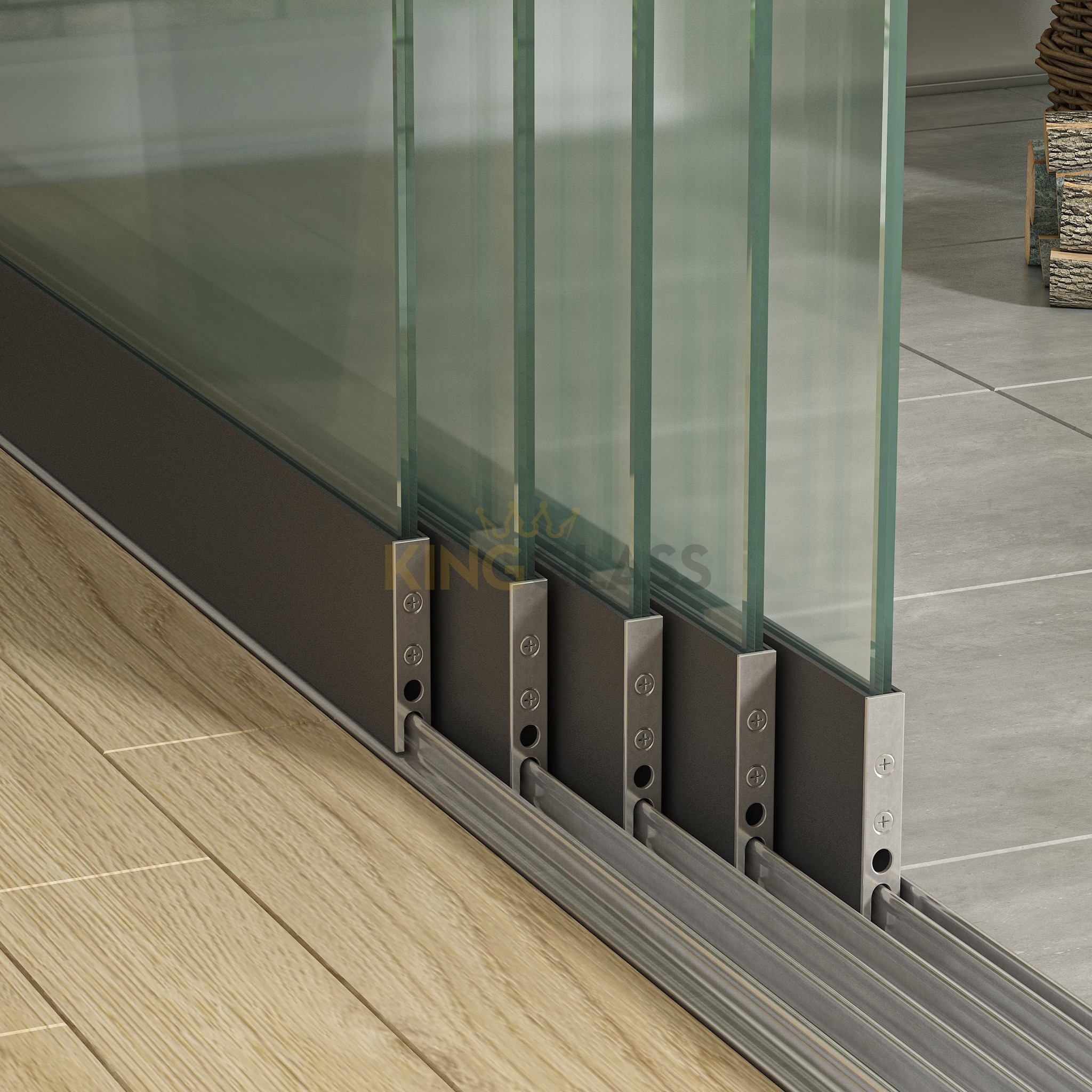 5-Rail Glazen Schuifwand Antraciet tot 4820 mm breed (5x 980mm glas) | KingGlass afbeelding