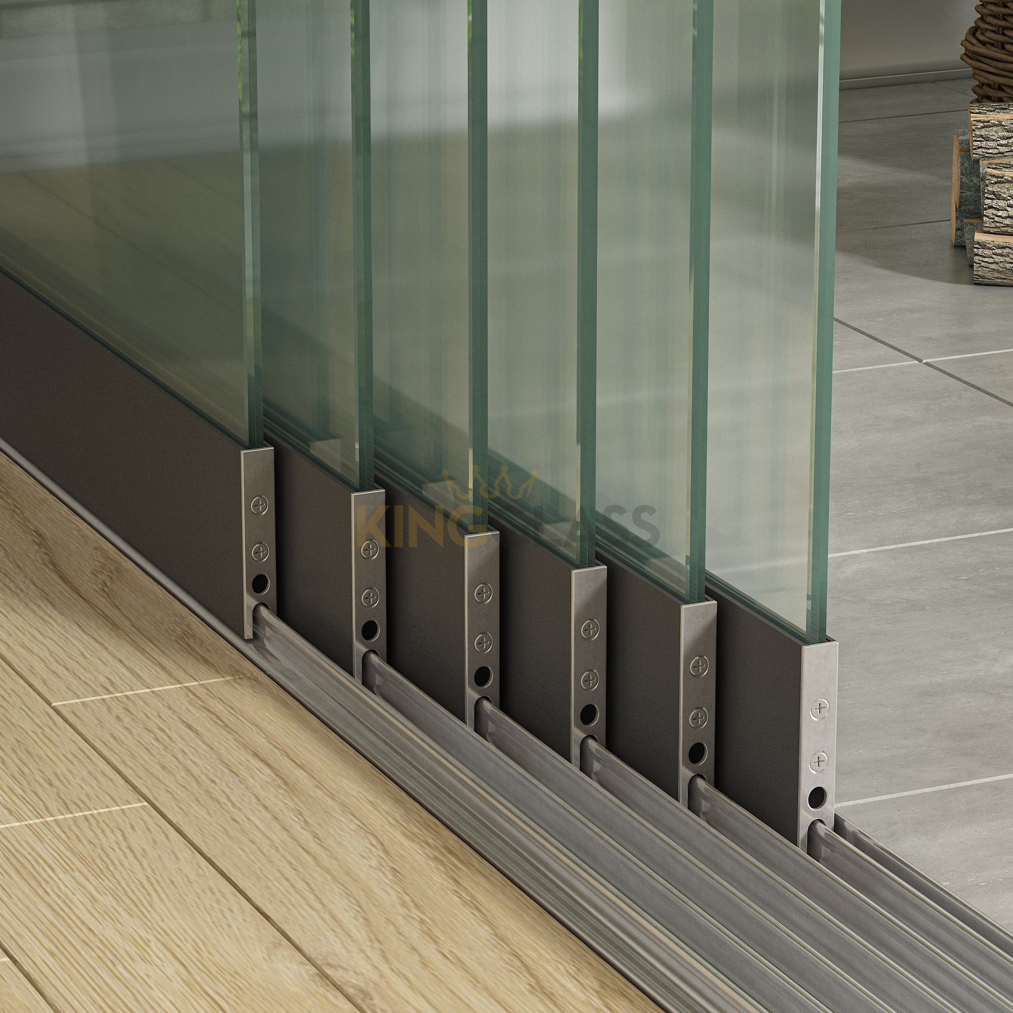 6-Rail Glazen Schuifwand Antraciet tot 6000 mm breed  (6x 1030mm glas) | KingGlass afbeelding