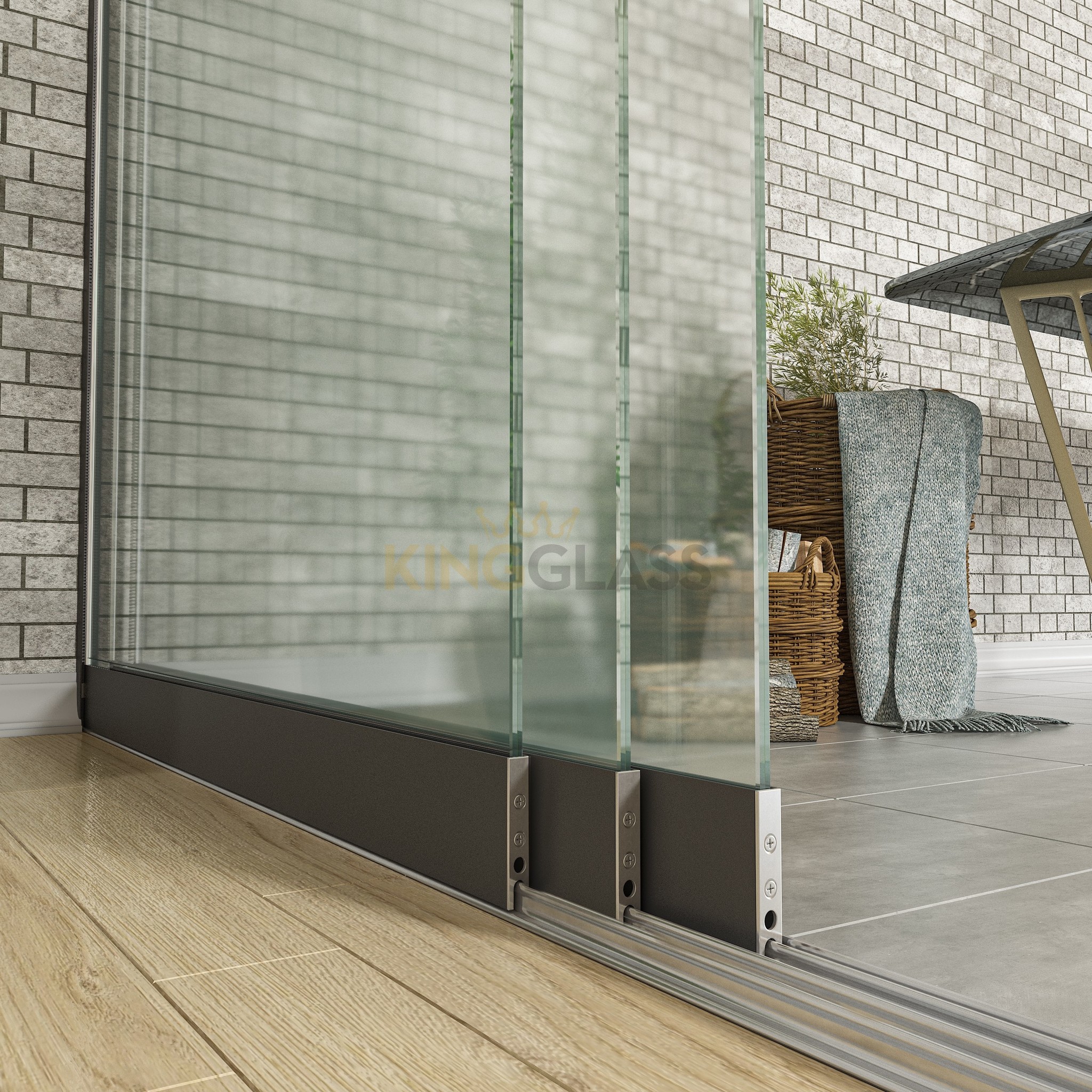 3-Rail Glazen Schuifwand Antraciet tot 3000 mm breed (3x 1030mm glas) | KingGlass afbeelding