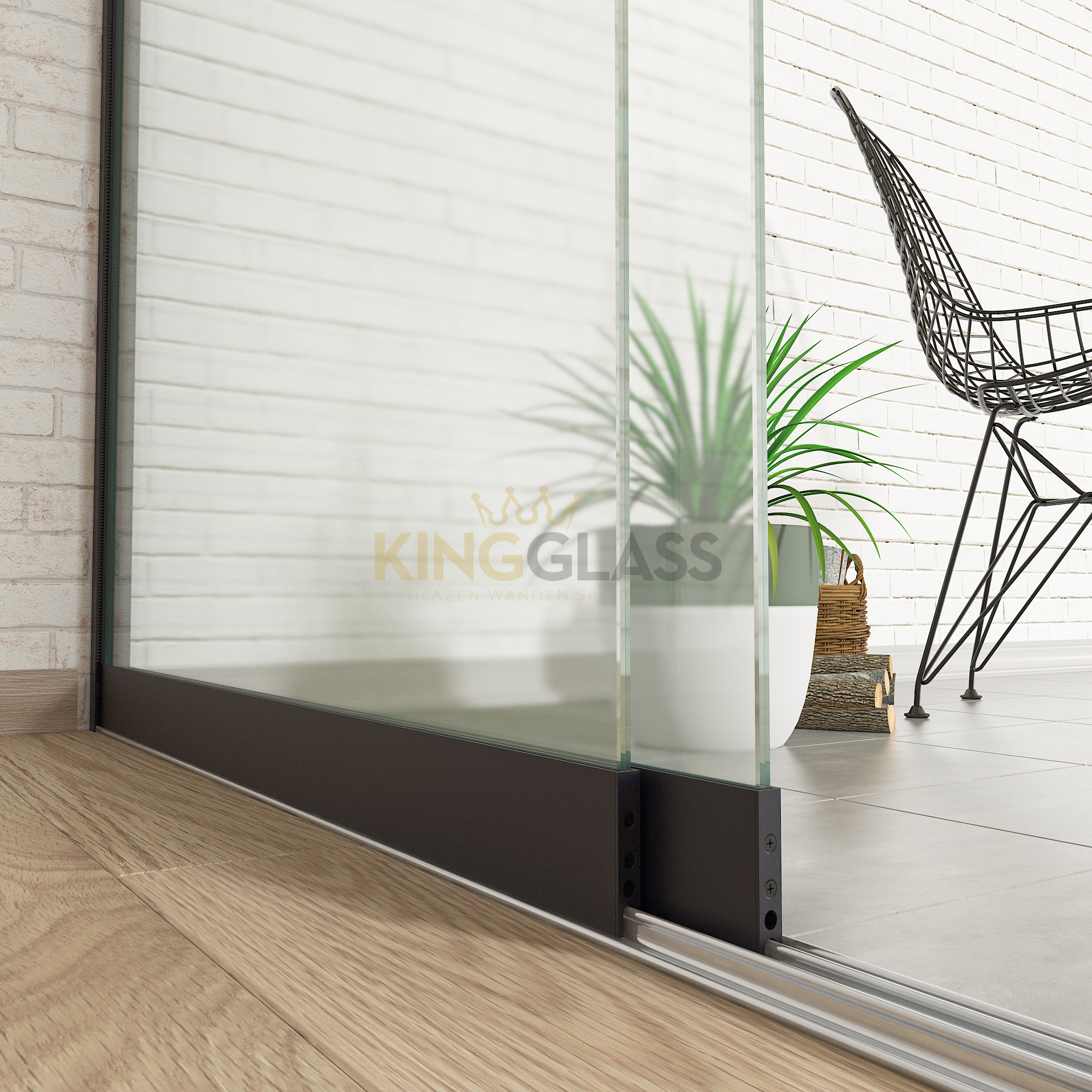 3-Rail Glazen Schuifwand Zwart tot 1780 mm breed (2x 900mm glas) - KingGlass