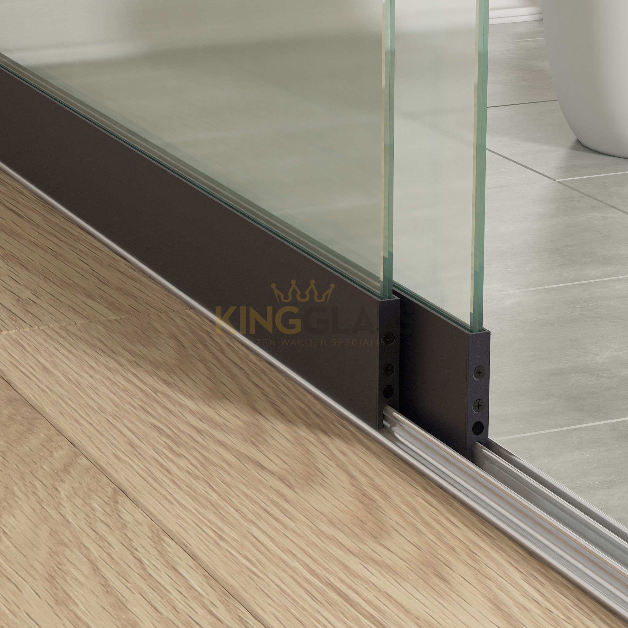 3-Rail Glazen Schuifwand Zwart tot 1780 mm breed (2x 900mm glas) | KingGlass afbeelding