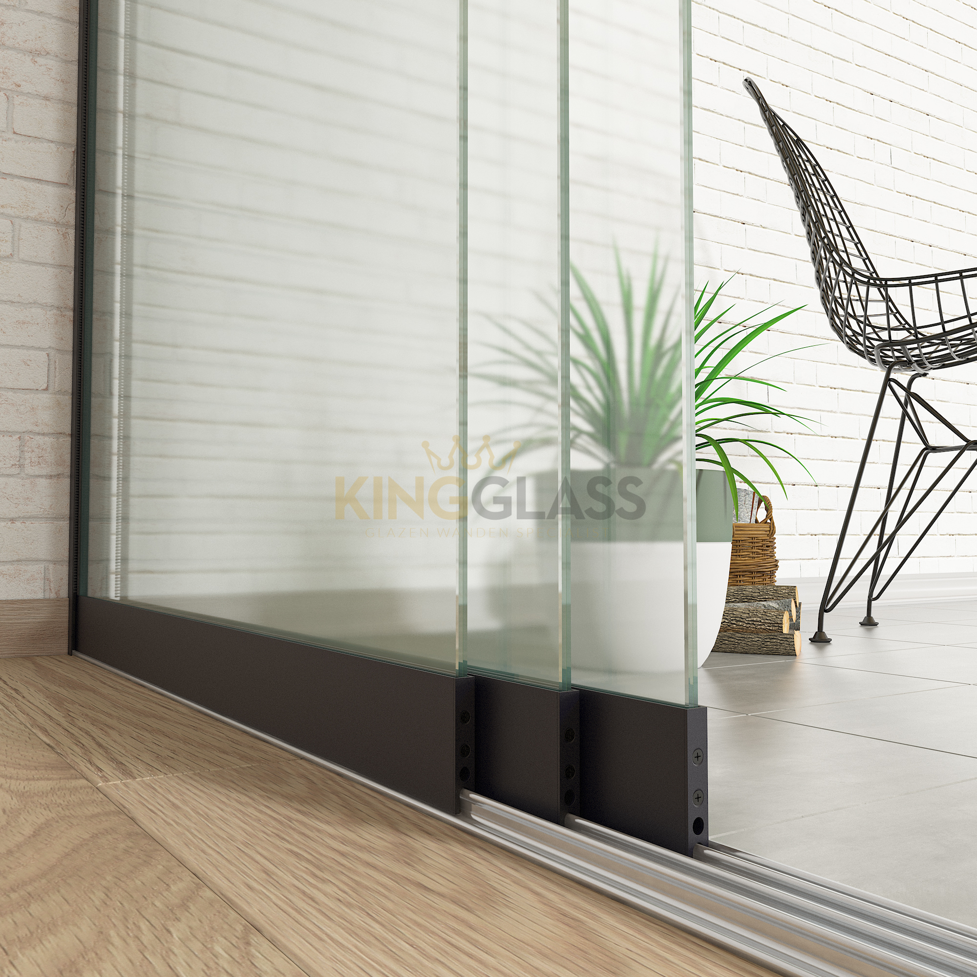 3-Rail Glazen Schuifwand Zwart tot 2660 mm breed (3x 900mm glas) | KingGlass afbeelding