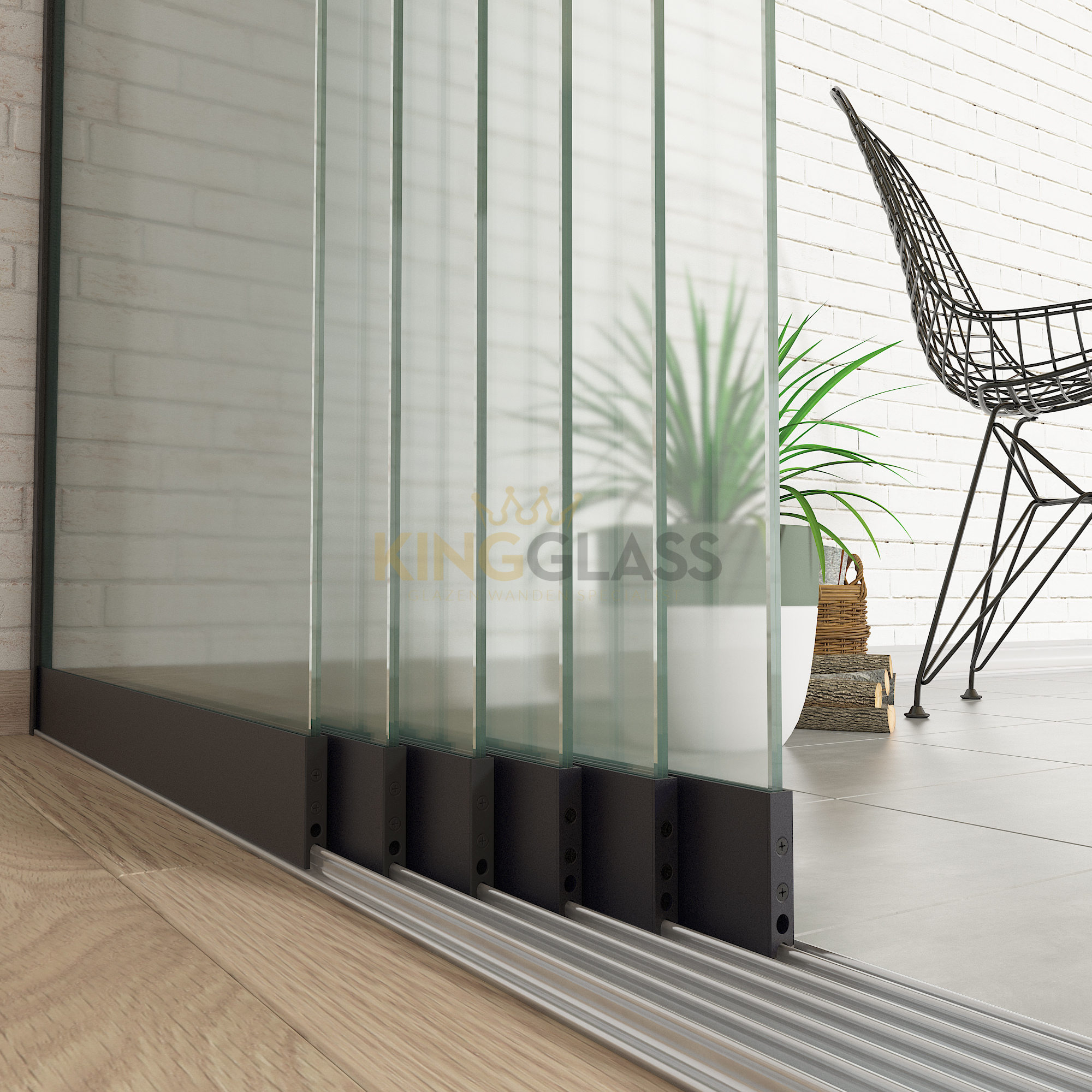6-Rail Glazen Schuifwand Zwart tot 5780 mm breed (6x 980mm glas) | KingGlass afbeelding