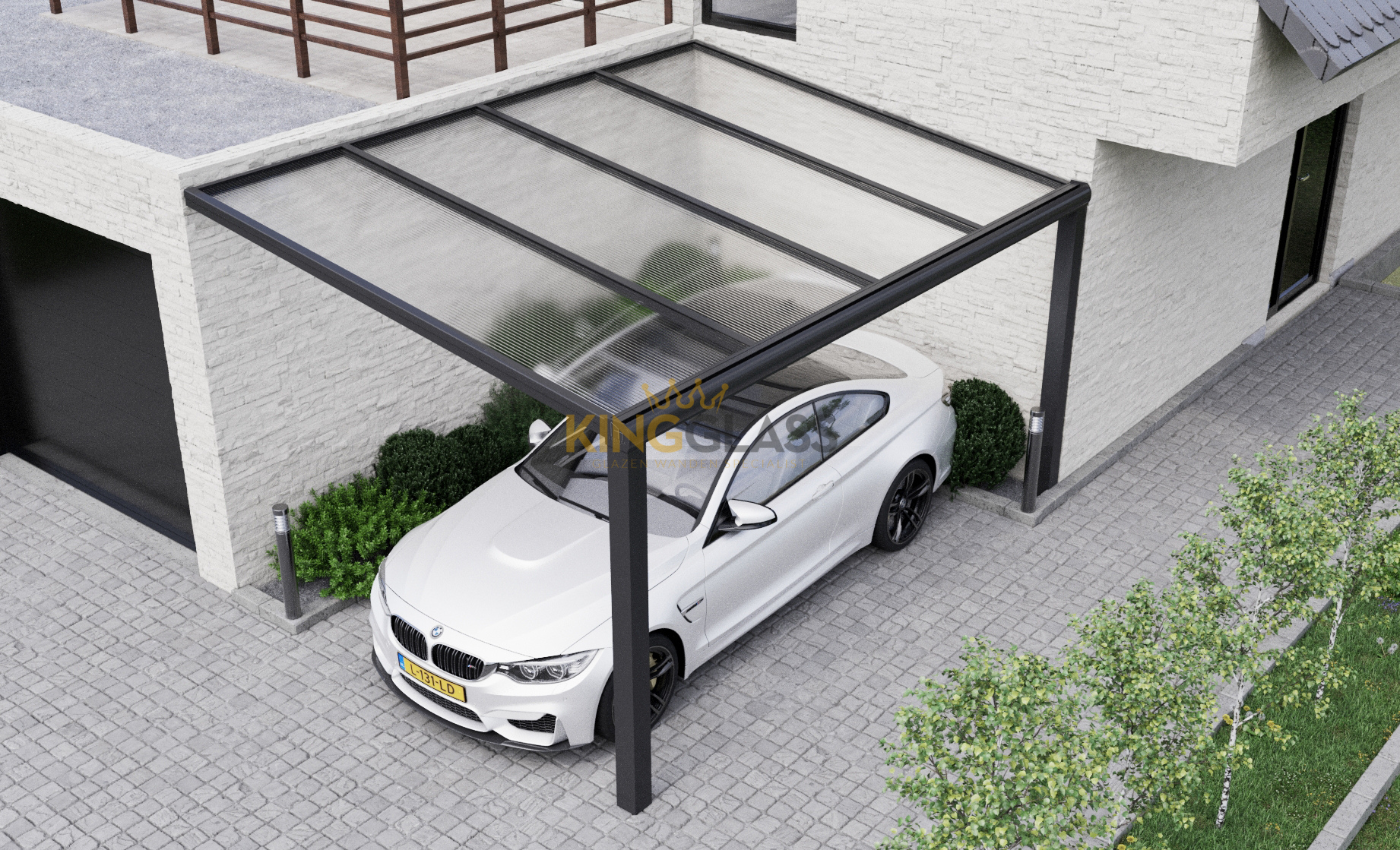 Carport 5 x 4 meter - Modern - Zwart - Polycarbonaat Dak - KingGlass - Aluminium afbeelding