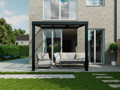 Terrasoverkapping in zwart van 3,06 x 2,5 meter