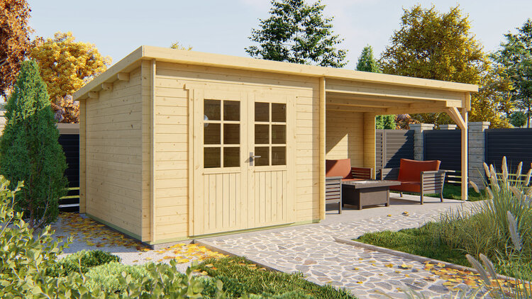 Blokhut - Tuinhuis 28mm Charlotta met overkapping