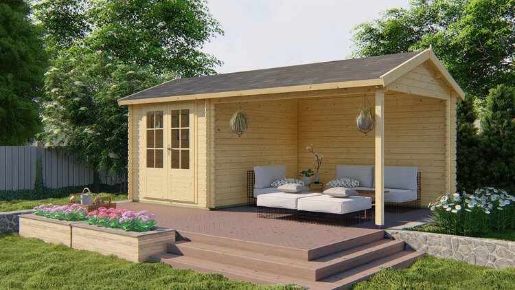 Blokhut - Tuinhuis 28mm Ove met overkapping