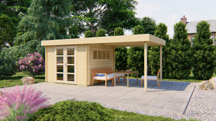 Blokhut - Tuinhuis 28mm Dellinger met overkapping