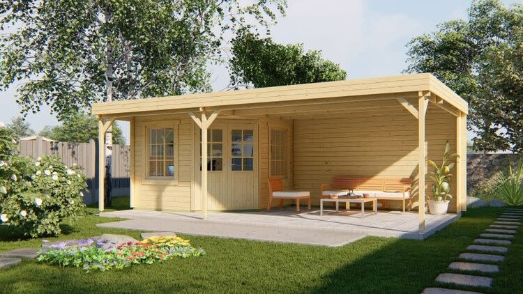 Blokhut - Tuinhuis 40mm met iso glas Annette met overkapping