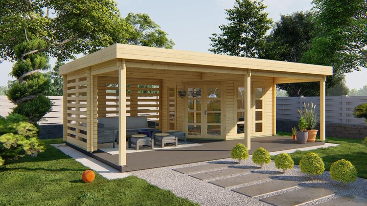 Blokhut - Tuinhuis 40mm met iso glas Oletha met overkapping