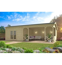 Blokhut - Tuinhuis 40mm met iso glas Mokka met overkapping