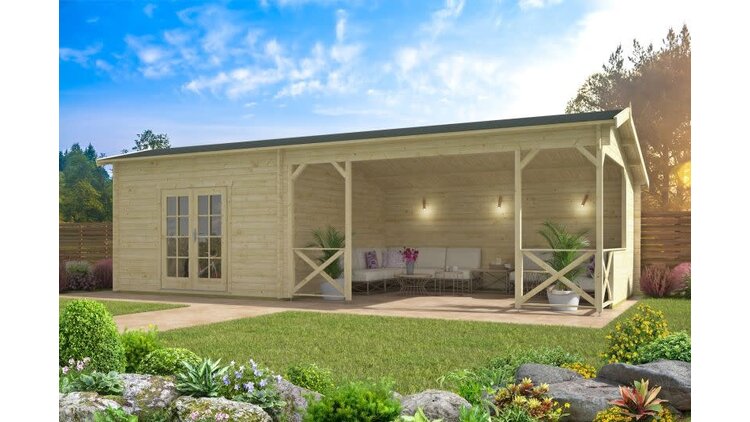 Blokhut - Tuinhuis 40mm met iso glas Mokka met overkapping