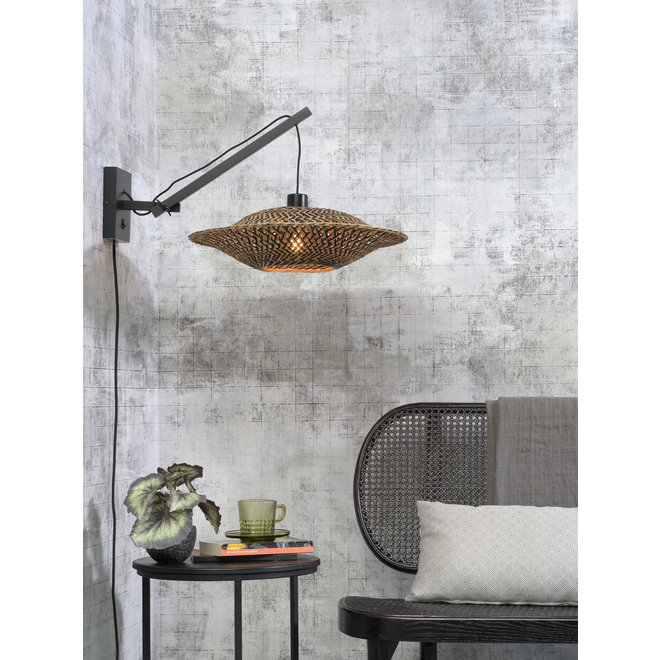 Wandlamp Bali zwevend zwart/ kap zwart-naturel SMALL