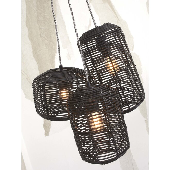 Hanglamp Tanami rotan/3-kap 18xh.25cm + 18xh.35cm + 25xh.20cm ass.. zwart