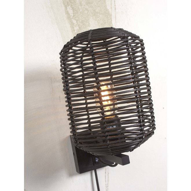 Wandlamp Tanami rotan koker S dia.18xh.25cm. zwart