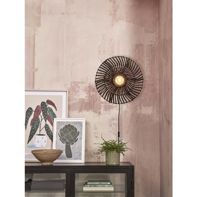 Wandlamp Zanzibar S rotan/plat dia.40xh.12cm. zwart