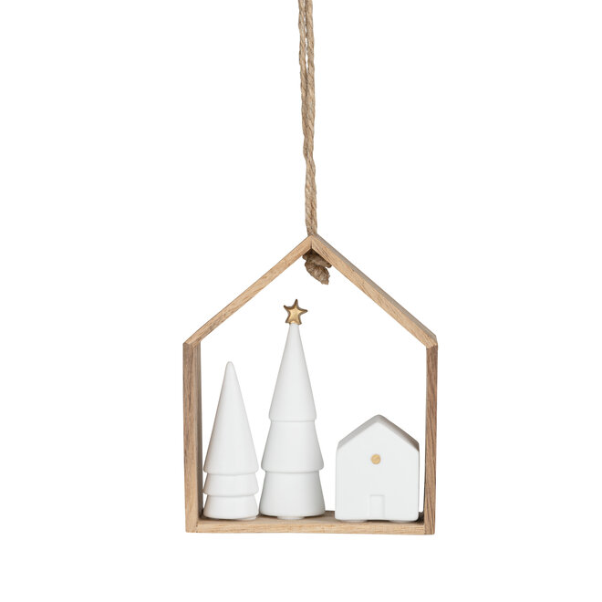 Houten hanger met kerstboom en huis