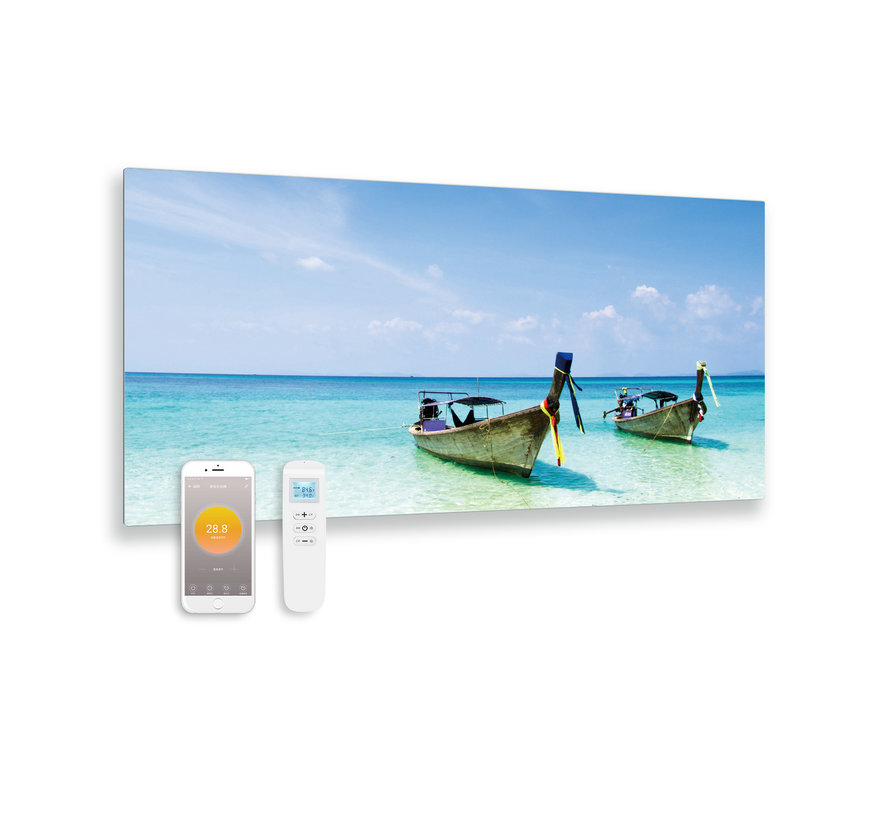 Bedrukt glazen infrarood paneel met wifi en remote control zee 119x59 700Watt