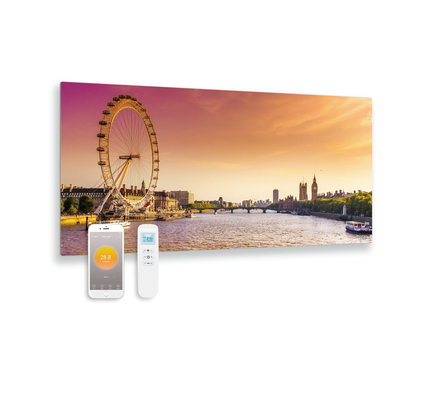 Bedrukt glazen infrarood paneel met wifi met remote control Londen eye 119x59 700Watt