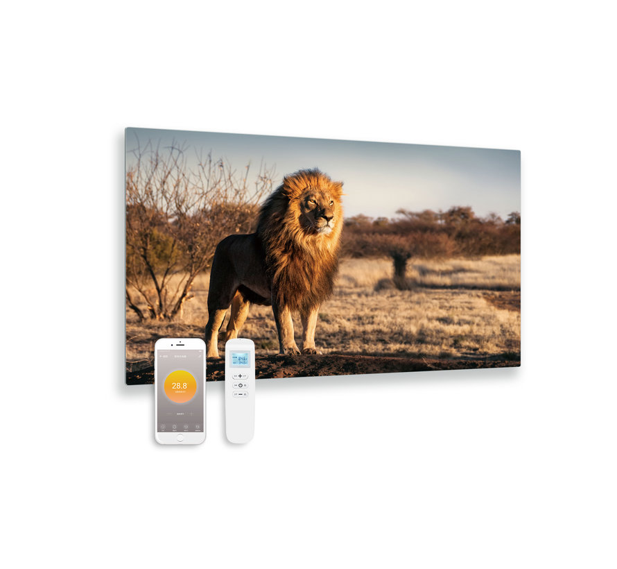 Bedrukt glazen infrarood paneel met wifi en remote control leeuw 100x59 580Watt