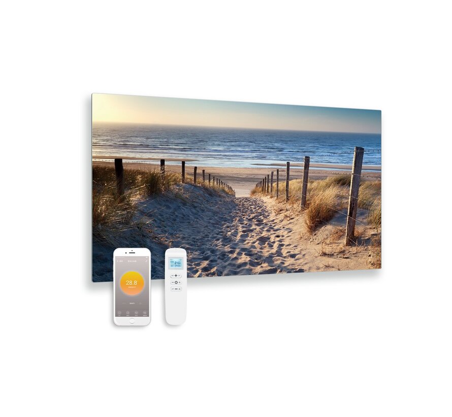 Bedrukt glazen infrarood paneel met wifi en remote control  duinen 100x59 580Watt