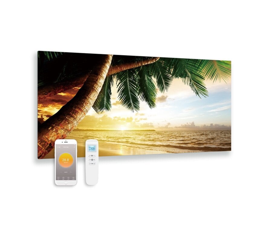 Bedrukt glazen infrarood paneel met wifi en remote control palmboom 119x59 700Watt