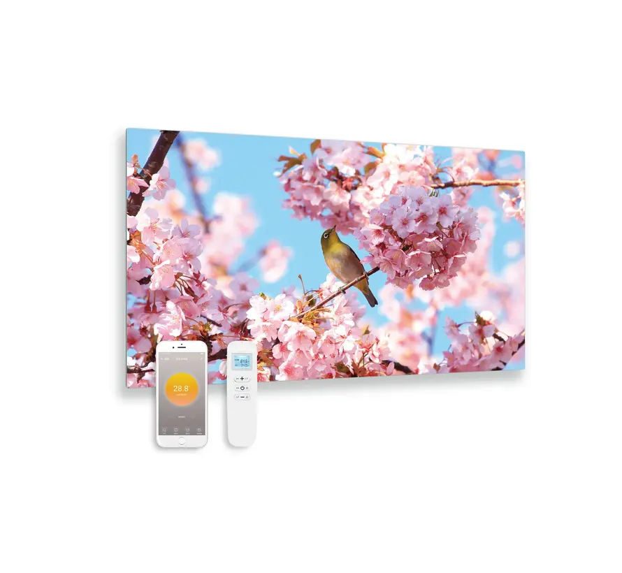 Bedrukt glazen infrarood paneel met wifi en remote control bloesem 100x59 580Watt