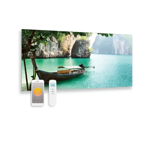 Quality Heating Bedrukt glazen infrarood paneel met wifi en remote control boot 119x59 700Watt