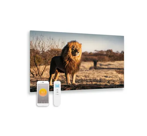 Quality Heating Bedrukt glazen infrarood paneel met wifi en remote control leeuw 100x59 580Watt