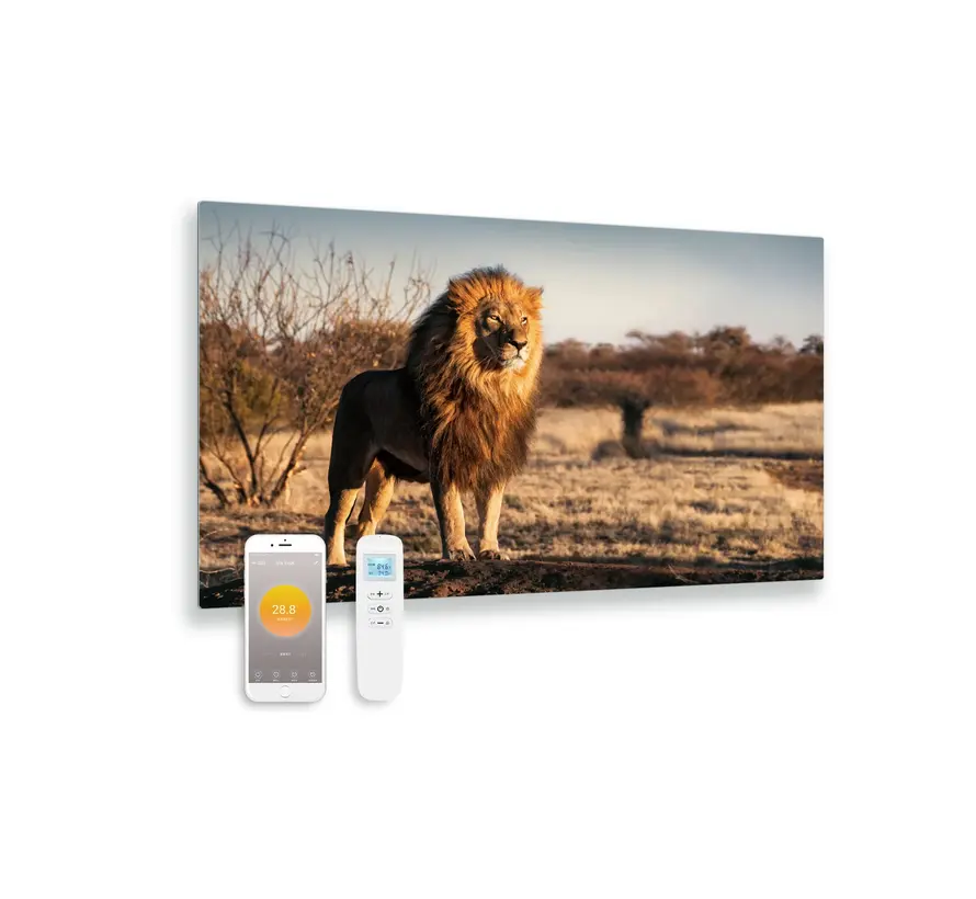 Bedrukt glazen infrarood paneel met wifi en remote control leeuw 100x59 580Watt