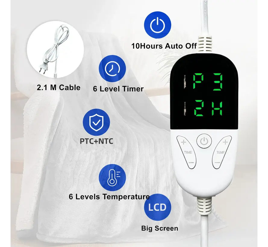 Elektrische omslagdeken - Warmtedeken - 1 persoons - 180x150 cm - Fleece - Grijs