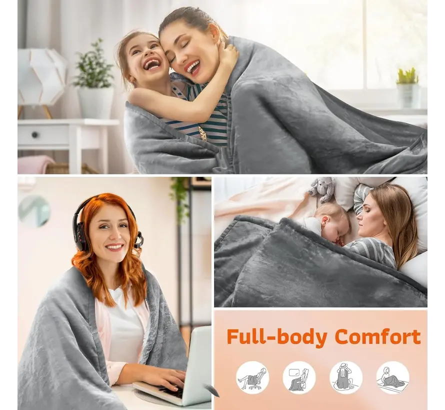 Elektrische omslagdeken - Warmtedeken - 1 persoons - 180x150 cm - Fleece - Grijs