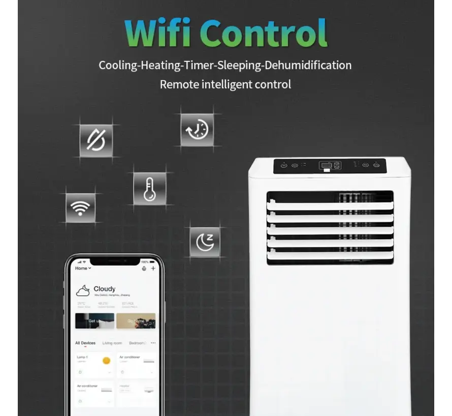Mobiele airco Wifi ontvochtigen en ventileren met raamafdichting en luchtreiniger 7000btu
