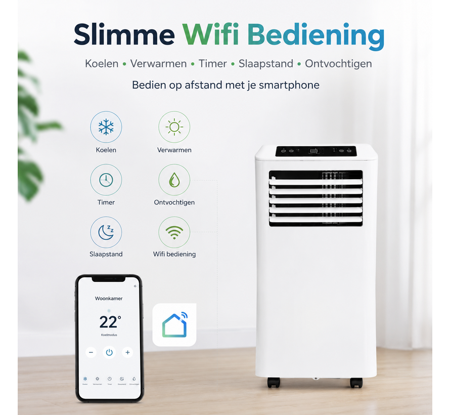 Mobiele airco Wifi ontvochtigen en ventileren met raamafdichting en luchtreiniger 9000btu