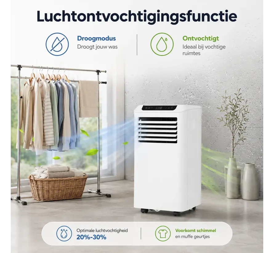 Mobiele airco Wifi ontvochtigen en ventileren met raamafdichting en luchtreiniger 9000btu