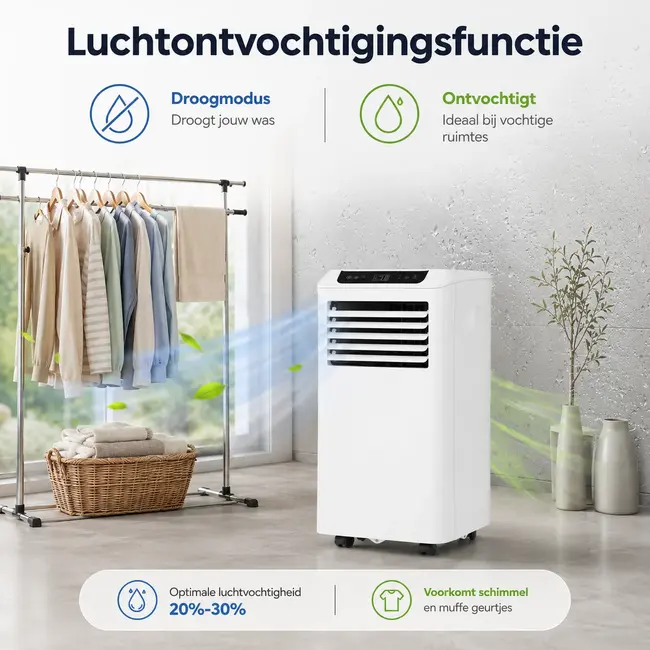 Mobiele airco Wifi ontvochtigen en ventileren met raamafdichting en luchtreiniger 9000btu