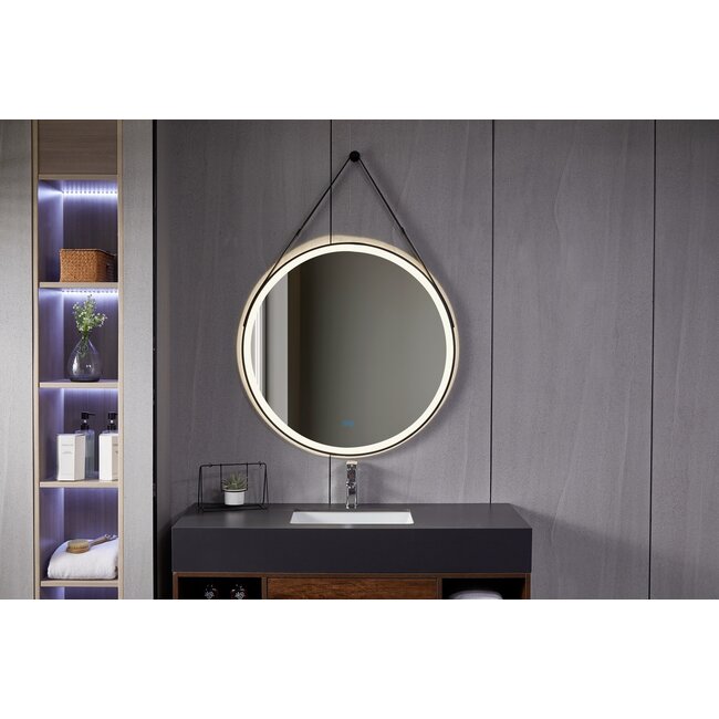 Spiegel rond 80 cm met trendy riem zwart frame, inbouw led verlichting en anti-condens