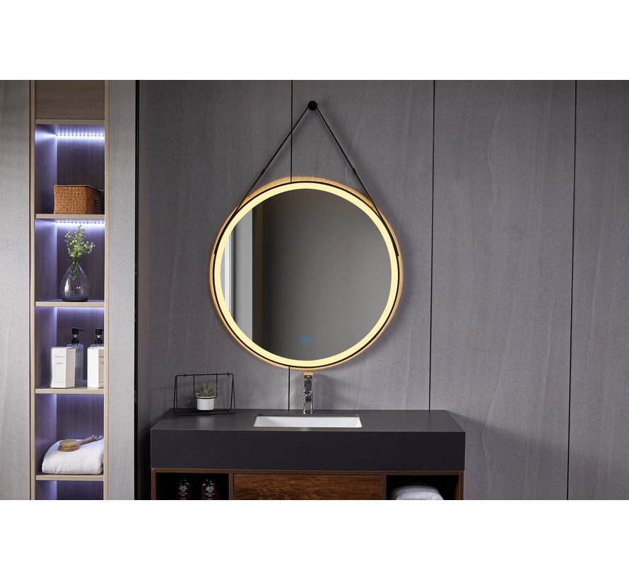 Spiegel rond 80 cm met trendy riem zwart frame, inbouw led verlichting en anti-condens