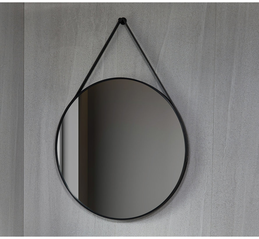 Spiegel rond 80 cm met trendy riem zwart frame
