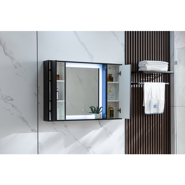 Spiegelkast mat-zwart met led verlichting 120 (b) x 70 cm (h)