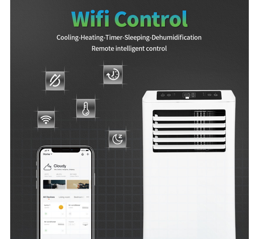 Mobiele airco Wifi ontvochtigen en ventileren met raamafdichting en luchtreiniger 9000btu