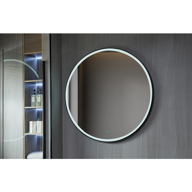 Spiegel rond 60 cm met zwart frame, led verlichting en anti condens